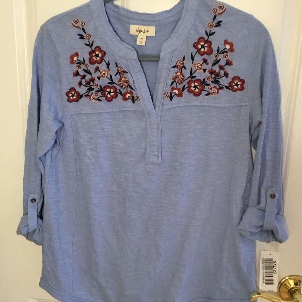 NWT Style & Co. Cotton Chambray Embroidered Top SP